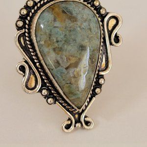 Vintage Ring size 8 OLIVE Turquoise Statement Large Gemstone ARTISAN MADE